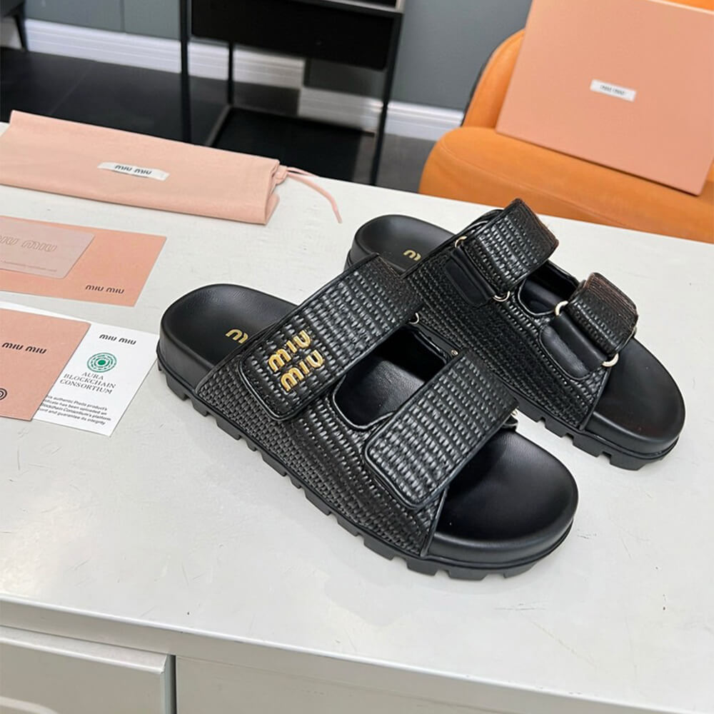 M1um1u Raffia-effect woven fabric slides