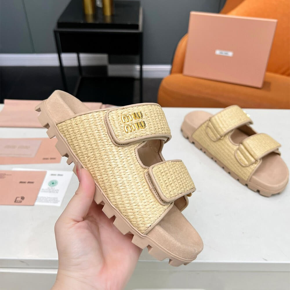 M1um1u Raffia-effect woven fabric slides