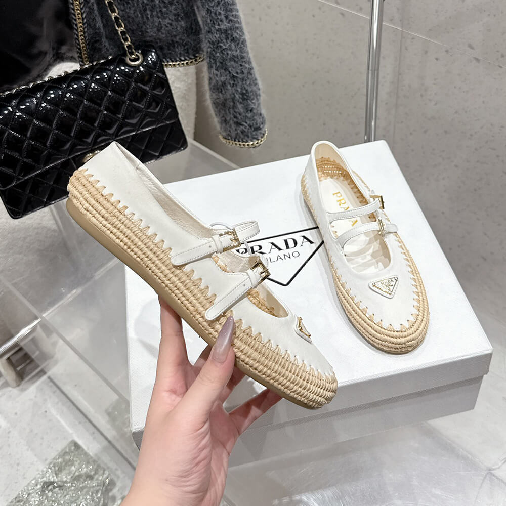 Pra*a Nappa leather and raffia ballerinas