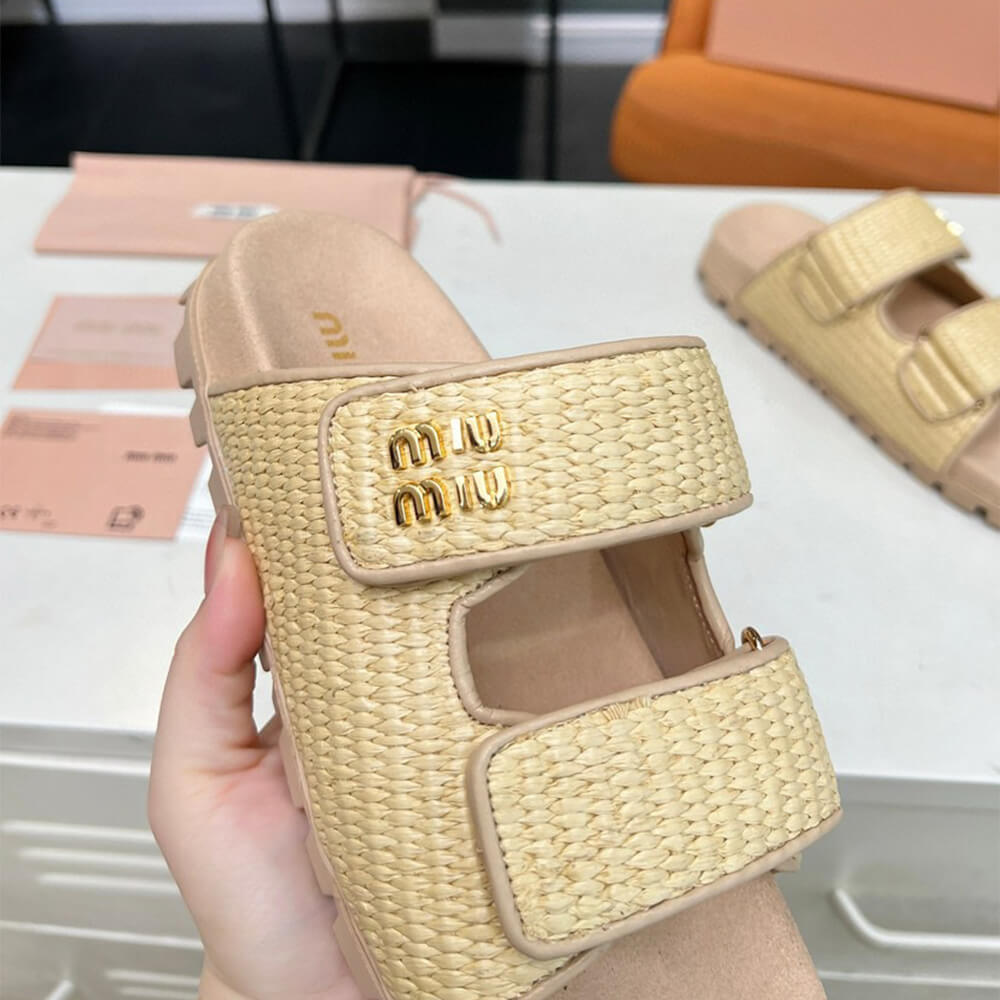 M1um1u Raffia-effect woven fabric slides
