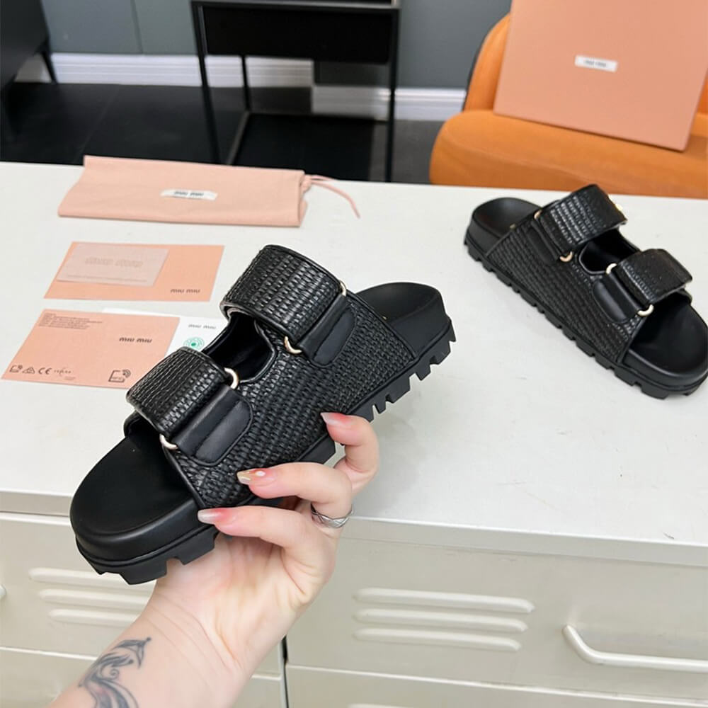 M1um1u Raffia-effect woven fabric slides