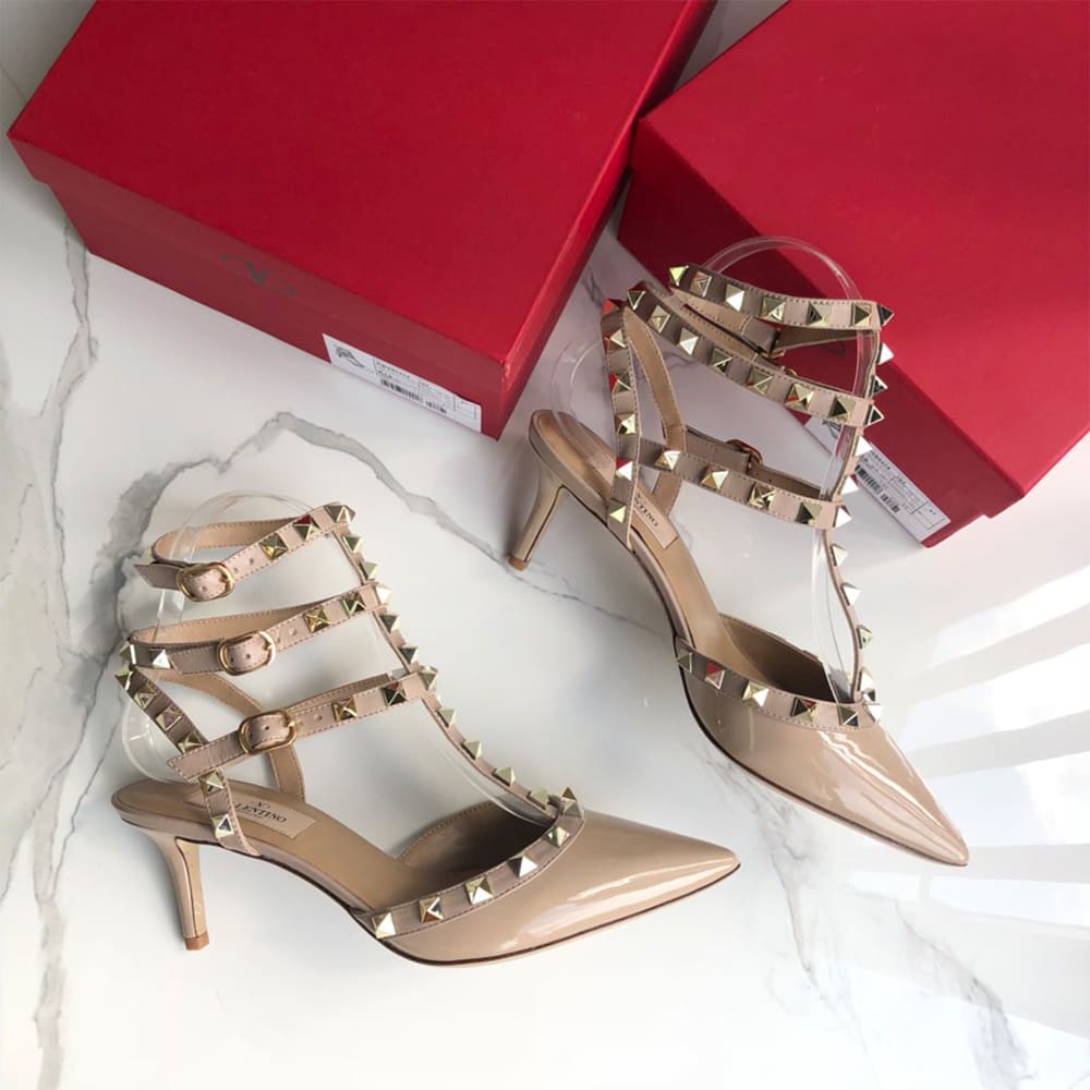 Va1e*ntin0 ROCKSTUD Wrap-around ankle strap rivet high heels (heel height 6.5 cm)