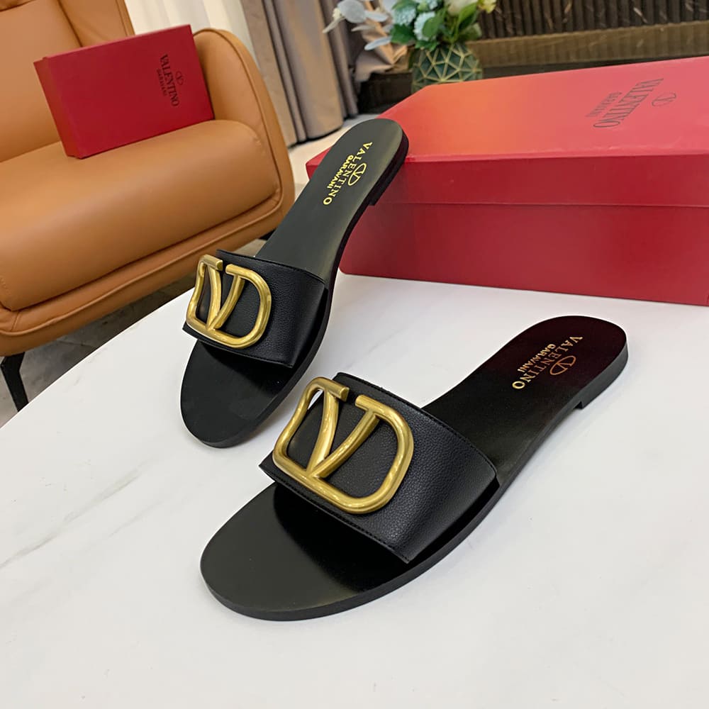 Va1e*ntin0 VLOGO SIGNATURE grained cowhide decorative elements slipper sandals (heel height 0.5 cm)
