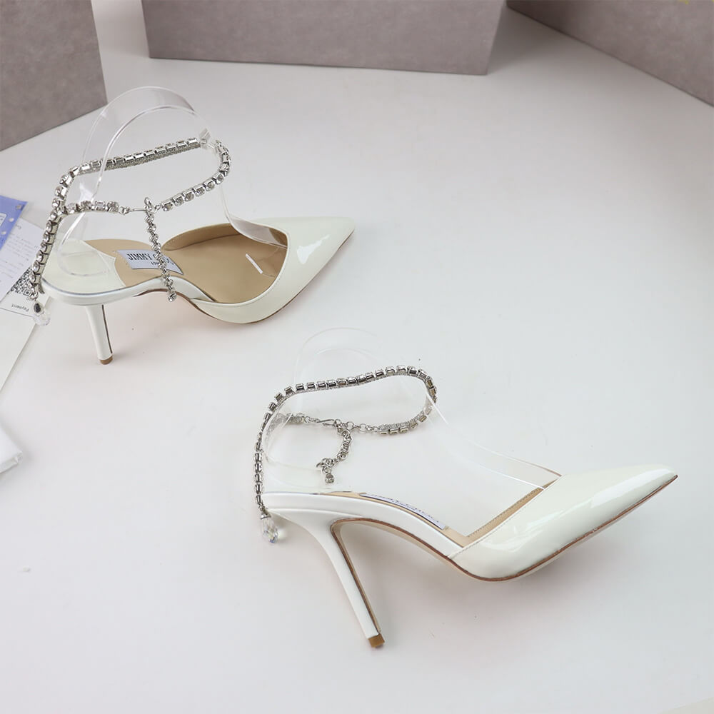 J1m*y Ch00 Ivory Satin Pumps with Crystal Embellishment