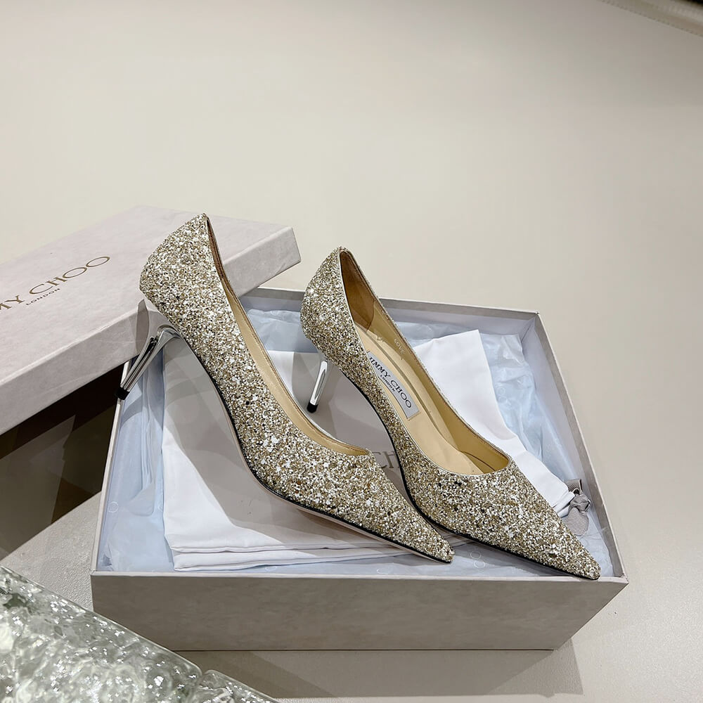 J1m*y Ch00 Champagne Coarse Glitter Fabric Pointy Toe Pumps