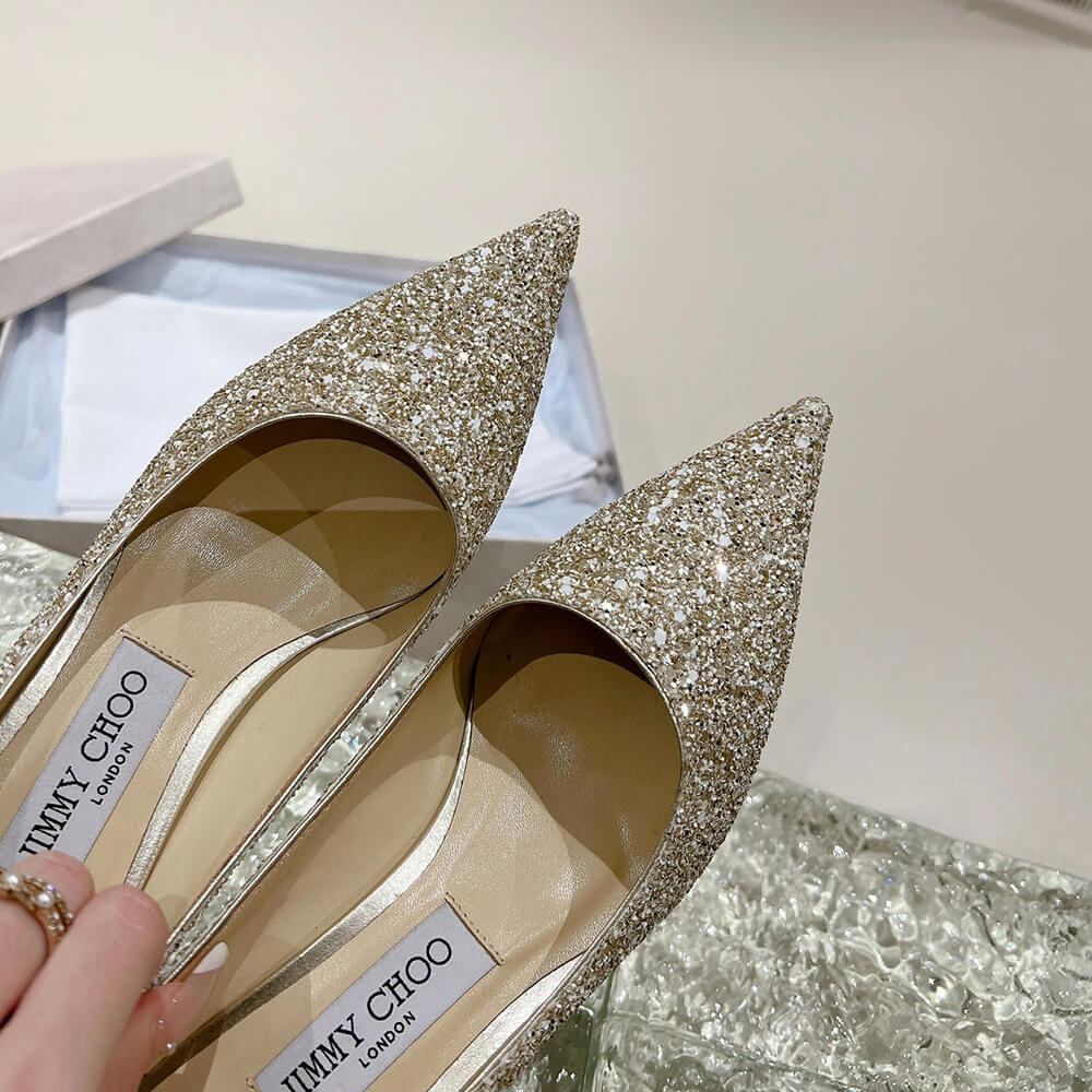 J1m*y Ch00 Champagne Coarse Glitter Fabric Pointy Toe Pumps