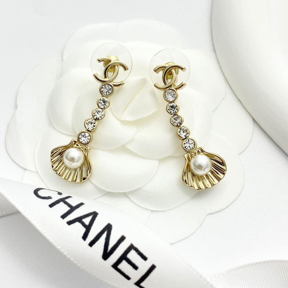 Ch**el Rhinestone Pearl Shell Drop Earrings