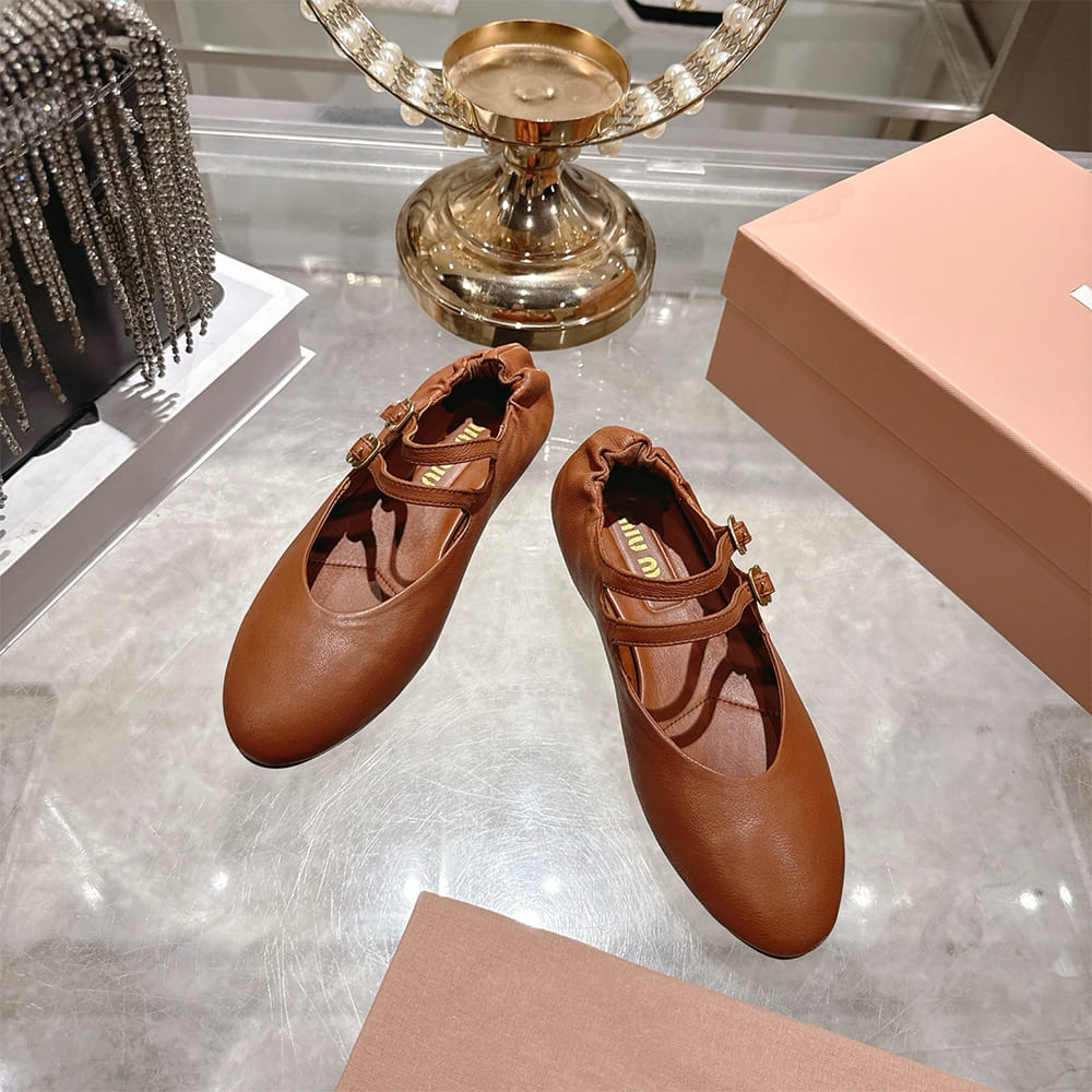 M1um1u Ruched Nappa Leather Ballet Flats (EU SIZE 35-41)