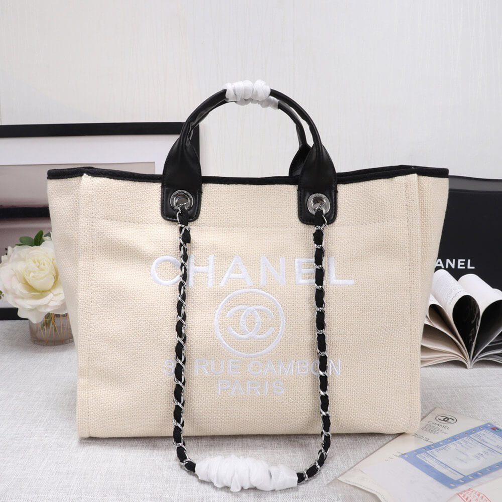 Ch**el Woven Straw Raffia Striped Medium Deauville Tote