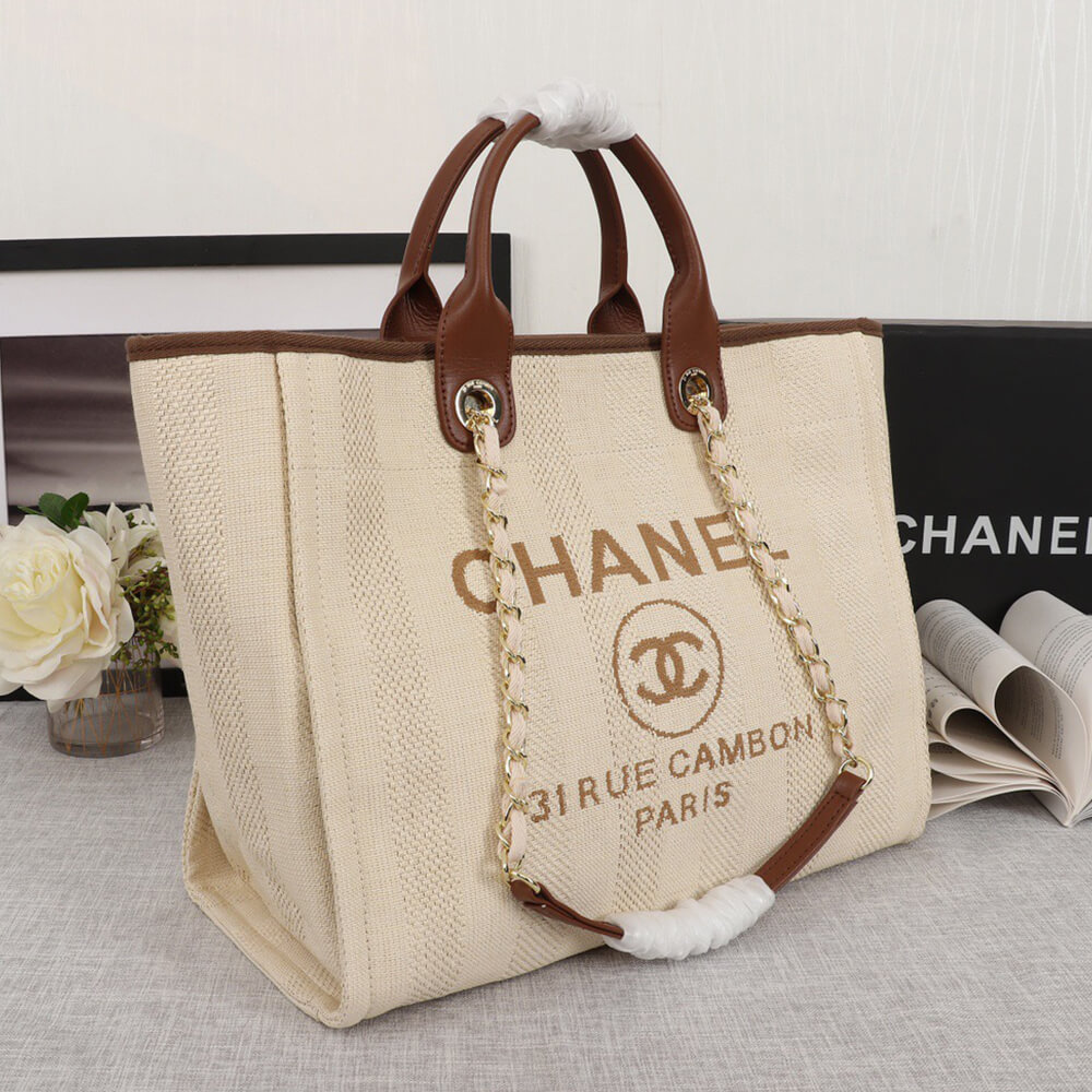 Ch**el Woven Straw Raffia Striped Medium Deauville Tote