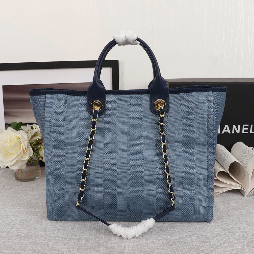 Ch**el Woven Straw Raffia Striped Medium Deauville Tote