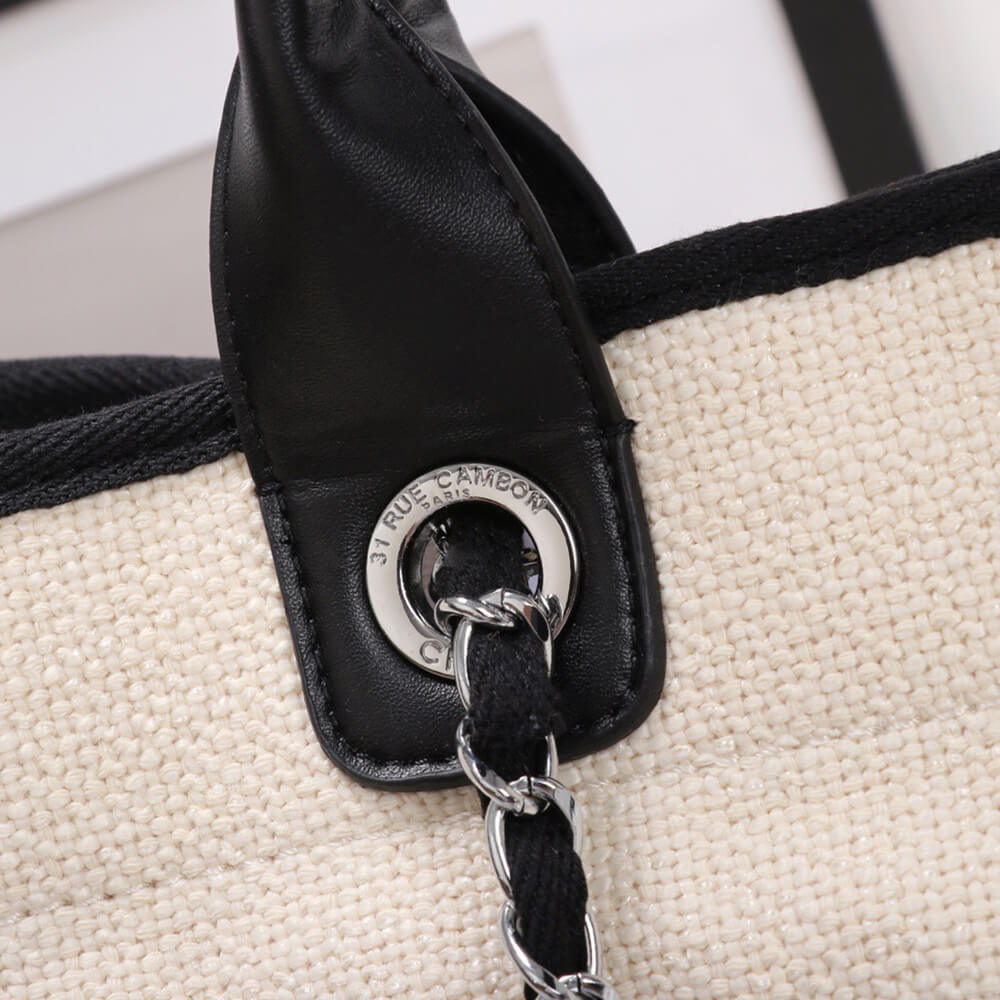Ch**el Woven Straw Raffia Striped Medium Deauville Tote