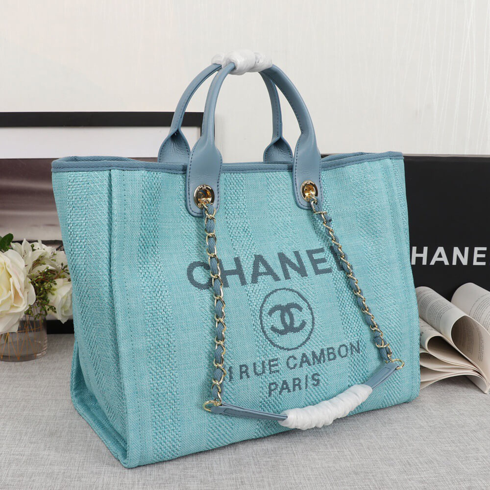 Ch**el Woven Straw Raffia Striped Medium Deauville Tote